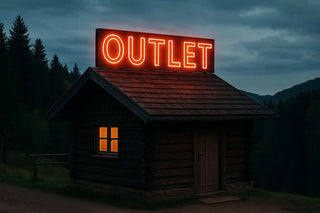 Eine rustikale, Holzhütte mit einem leuchtenden orangefarbenen Neon-Schild »OUTLET« auf dem Dach.