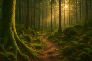 Ein gewundener Schotterweg durch einen moosbedeckten Wald bei Sonnenuntergang.