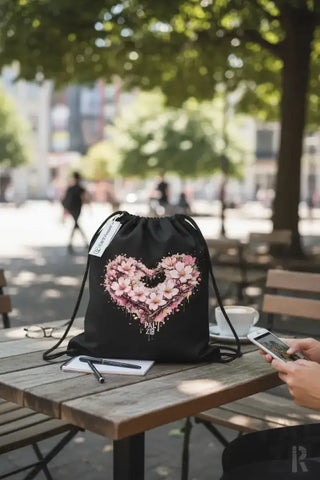 Schwarze Beuteltasche mit einem lebendigen pinken Kirschblüten-Herz-Design und dem Text ’papi zib’ darunter.