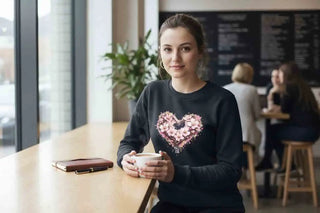 Schwarzes Sweatshirt mit einem pinken blumigen Herz-Design auf der Vorderseite