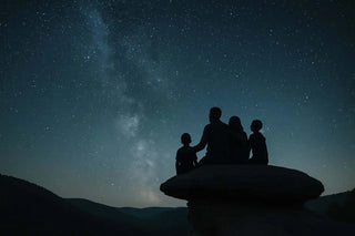 Silhouettierte Familie von vier, die auf einem Felsen unter einem sternenklaren Nachthimmel sitzt.
