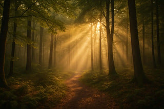 Ein sonnenbeschienener Waldweg.