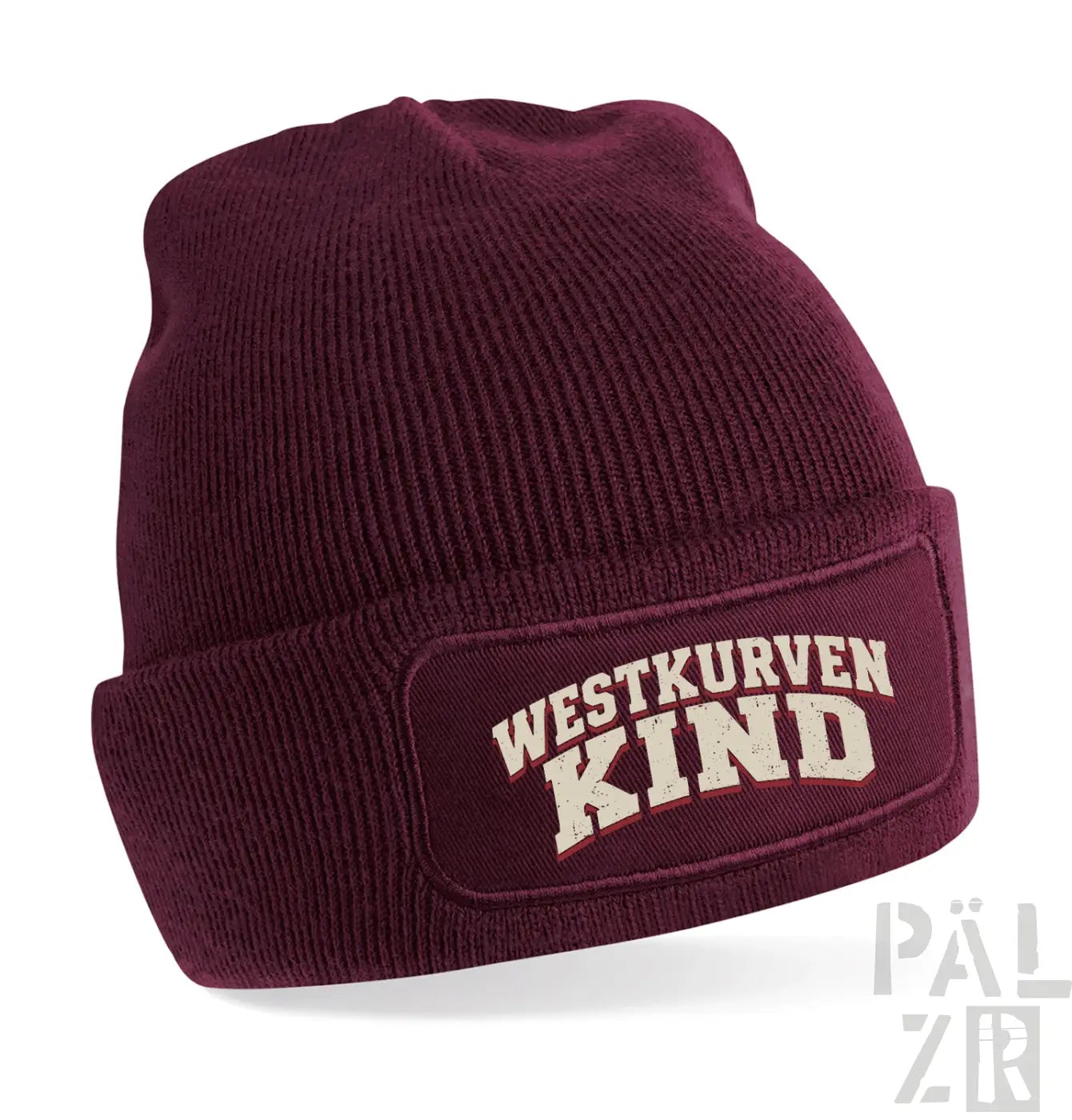 Maroon ribbed knit stadion-beanie with folded cuff and embroidered westkurvenkind patch in cream distressed lettering