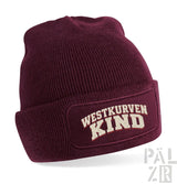 Maroon ribbed knit stadion-beanie with folded cuff and embroidered westkurvenkind patch in cream distressed lettering