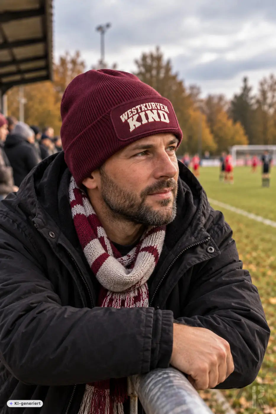 Maroon gestrickte stadion-beanie mit westkurvenkind stickerei in weiß, verschiedene farben erhältlich