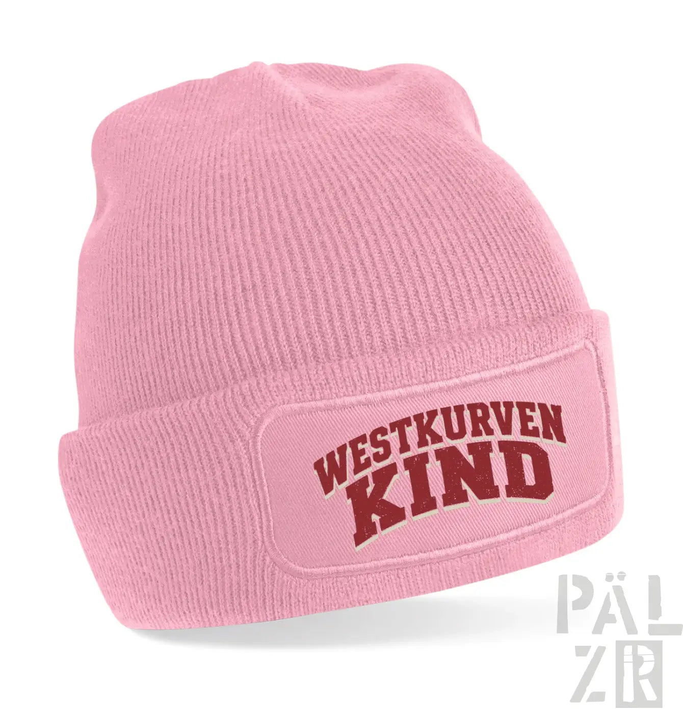 Weiches rosa geripptes strickbeanie mit westkurvenkind patch in maroon stadium beanie in verschiedenen farben