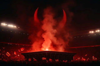 Ein Stadion, erleuchtet von roten Bengalfeuern und einem großen Halbmond-Symbol.