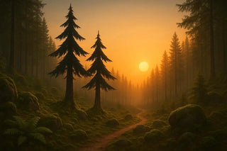 Ein Waldweg mit zwei markanten immergrünen Bäumen im Sonnenuntergang.