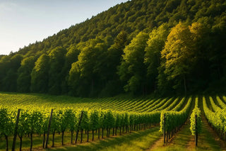 Eine riesige Weintraube mit Reihen von lebendigen grünen Reben unter einem hellen Himmel.