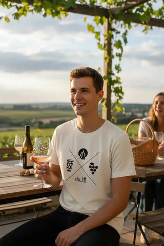 Weißes T-Shirt mit schwarzem, weinthematischem Grafikdesign, das ein Kreuz aus Symbolen enthält, einschließlich Trauben, einem Glas und dem Wort 'paul' in fetten Buchstaben.