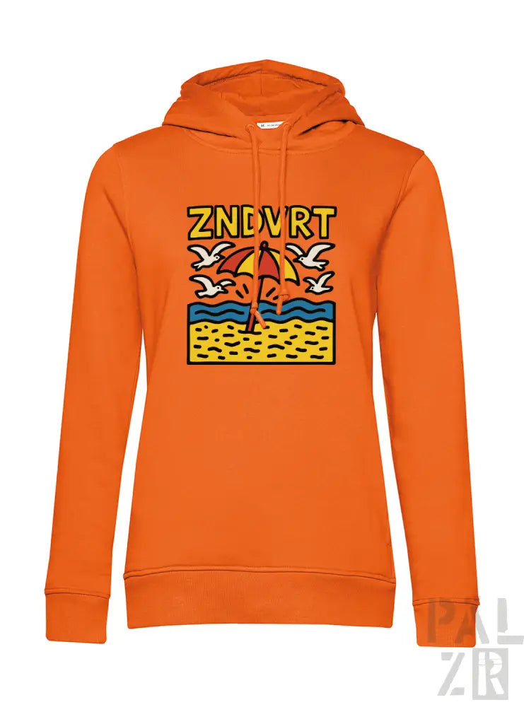 Orange Kapuzenpullover mit Stranddesign und Kapuze, wahrscheinlich aus Baumwolle oder Polyester-Mischung.