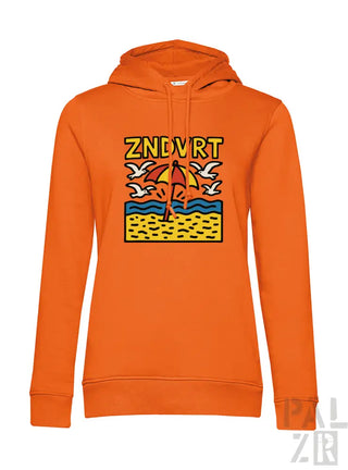 Orange Kapuzenpullover mit Stranddesign und Kapuze, wahrscheinlich aus Baumwolle oder Polyester-Mischung.