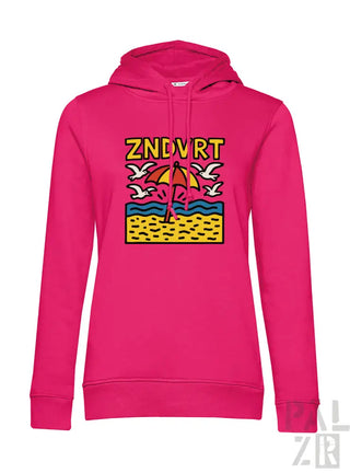Rosa Hoodie mit farbenfrohem Stranddesign und Kapuze.