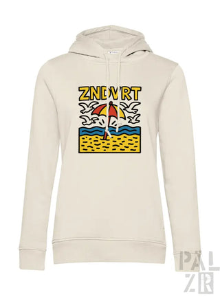 Cremeweiße Hoodie mit Strandmotiv-Design, das einen roten Schirm und eine gelbe Möwe zeigt, aus weichem Baumwollstoff.