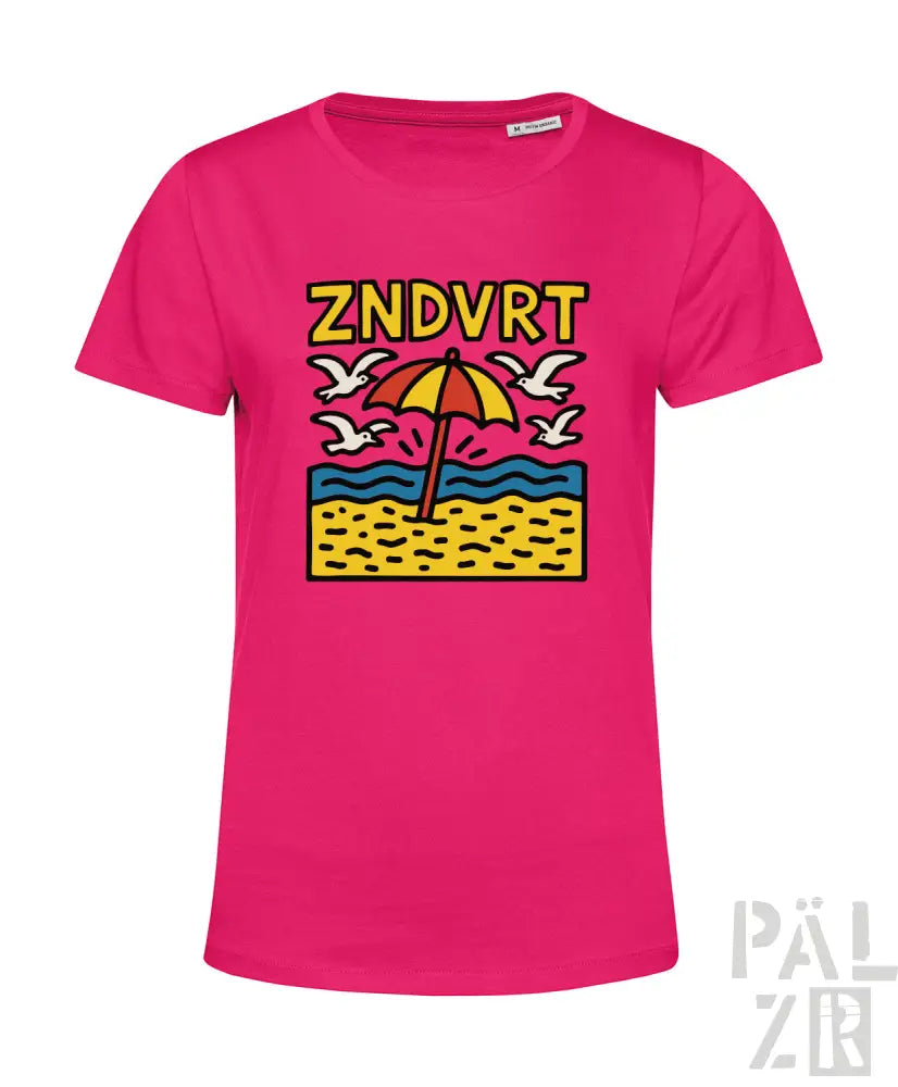 Rosa T-Shirt mit Strand-Szene-Design mit gelbem Schirm und Möwen, gedruckt auf Baumwollmaterial.