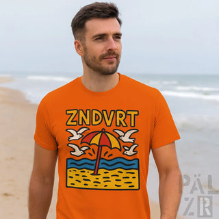 Oranges T-Shirt mit Strandsonnenschirm-Design und Seemöwen, zndvrt Text.