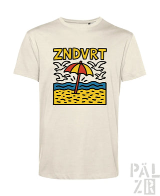 Cremeweiße T-Shirt mit einem Strandmotiv-Design, das einen Schirm und Seemöwen zeigt, bedruckt auf Baumwollstoff.