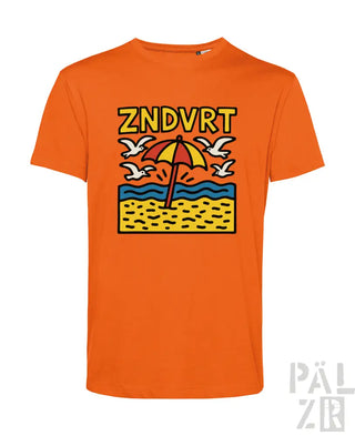 Oranges T-Shirt mit Strandmotiv-Design mit gelbem Schirm und Möwen, aus Baumwolle gefertigt.