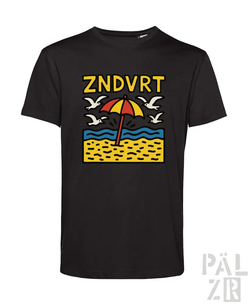 Schwarzes T-Shirt mit gelb-rotem Schirm-Design, Strand-Szene, Möwen, ’zndvrt’-Text.