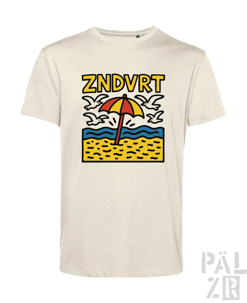 Cremeweiße T-Shirt mit einem Strandmotiv-Design, das einen Schirm und Seemöwen zeigt, bedruckt auf Baumwollstoff.