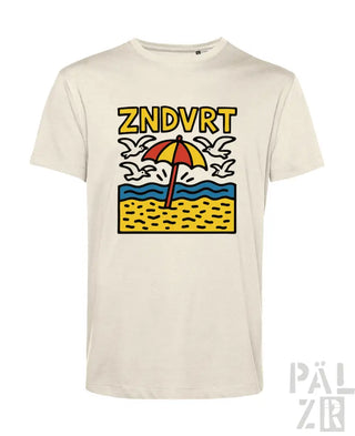 Cremeweiße T-Shirt mit einem Strandmotiv-Design, das einen Schirm und Seemöwen zeigt, bedruckt auf Baumwollstoff.