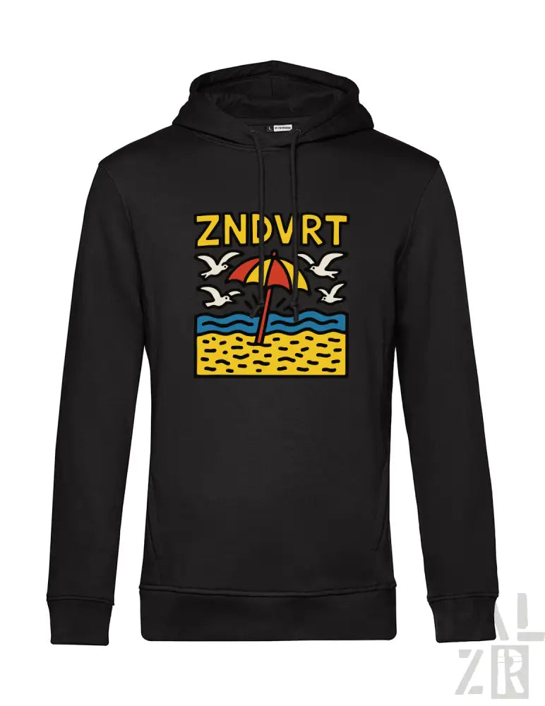 Schwarzer Hoodie mit Strandmotiv-Design, roter Schirm und Möwen auf der Vorderseite.