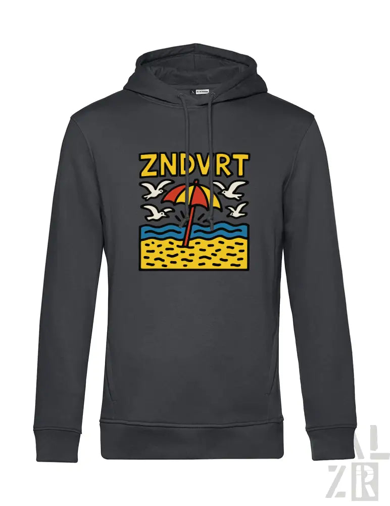 Anthrazitfarbene Hoodie mit lebendigem Strandmotiv-Design mit gelbem Schirm und Möwen, aus weichem Baumwollmischgewebe.