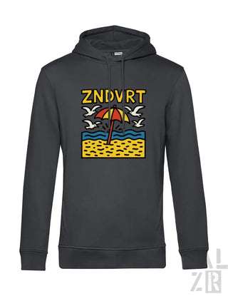 Anthrazitfarbene Hoodie mit lebendigem Strandmotiv-Design mit gelbem Schirm und Möwen, aus weichem Baumwollmischgewebe.