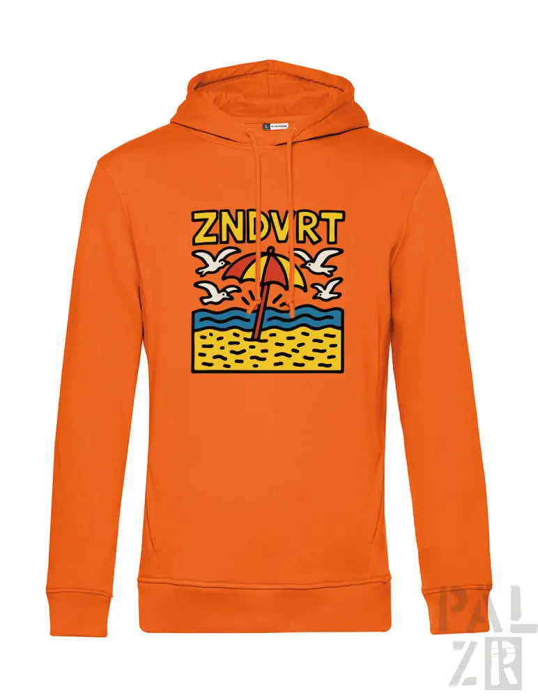 Orange Kapuzenpullover mit Strandmotiv-Design mit Möwen und Schirm, wahrscheinlich aus Baumwolle oder Polyester-Mischung.