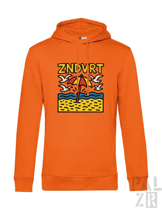 Orange Kapuzenpullover mit Strandmotiv-Design mit Möwen und Schirm, wahrscheinlich aus Baumwolle oder Polyester-Mischung.