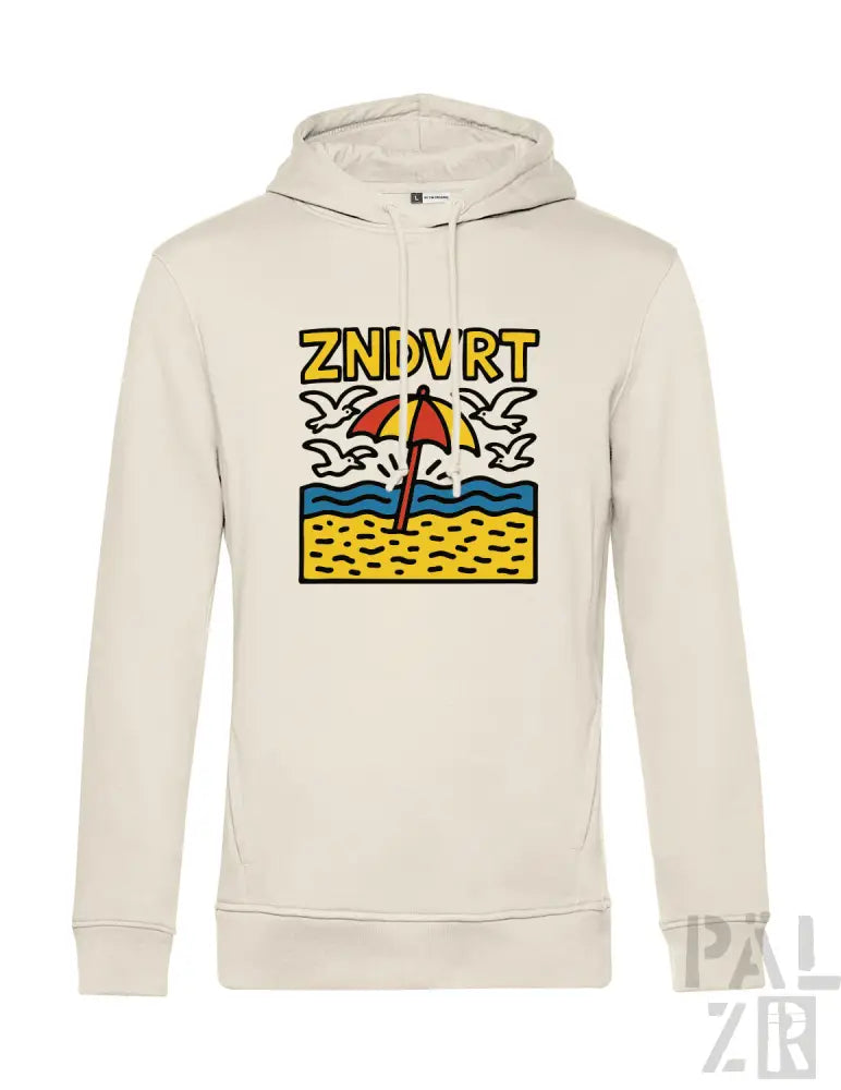 Cremeweiße Hoodie mit Strandmotiv-Design, das einen gelben Schirm und blaue Wellen zeigt, aus weichem Baumwollstoff.