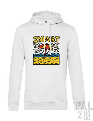 Weiße Hoodie mit Strandmotiv-Design mit gelbem Schirm und blauen Wellen, aus Baumwolle gefertigt.