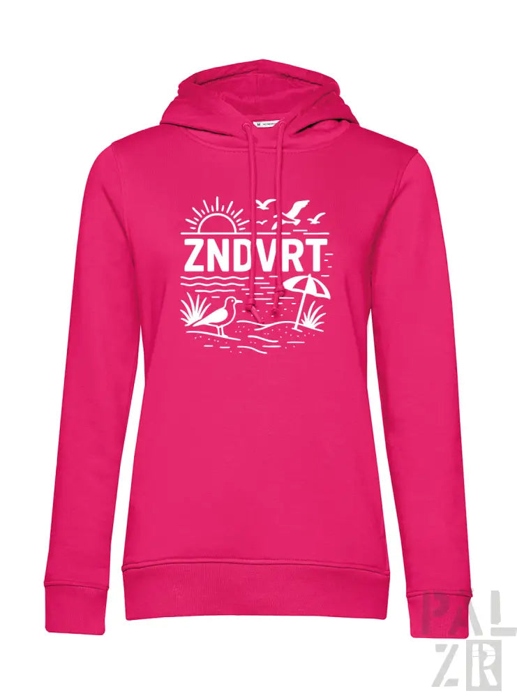 Rosa Hoodie mit weißem strandthematisierten Design mit Vögeln, Sonne und Regenschirm-Muster.