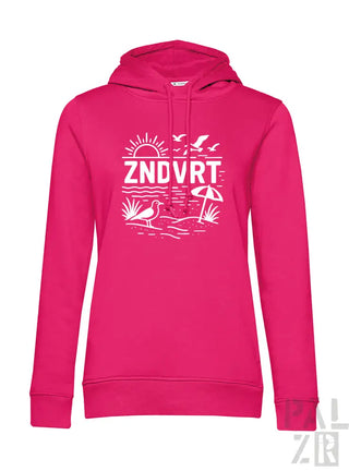 Rosa Hoodie mit weißem strandthematisierten Design mit Vögeln, Sonne und Regenschirm-Muster.