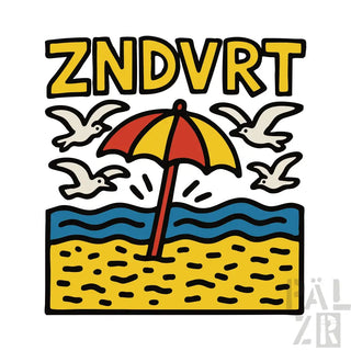 Roter und gelber Strandsonnenschirm mit Möwen-Design auf Sandhintergrund.