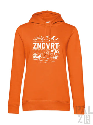 Orange Kapuzenpulli mit strandthematischem Design mit Sonne, Möwen und Palmen.