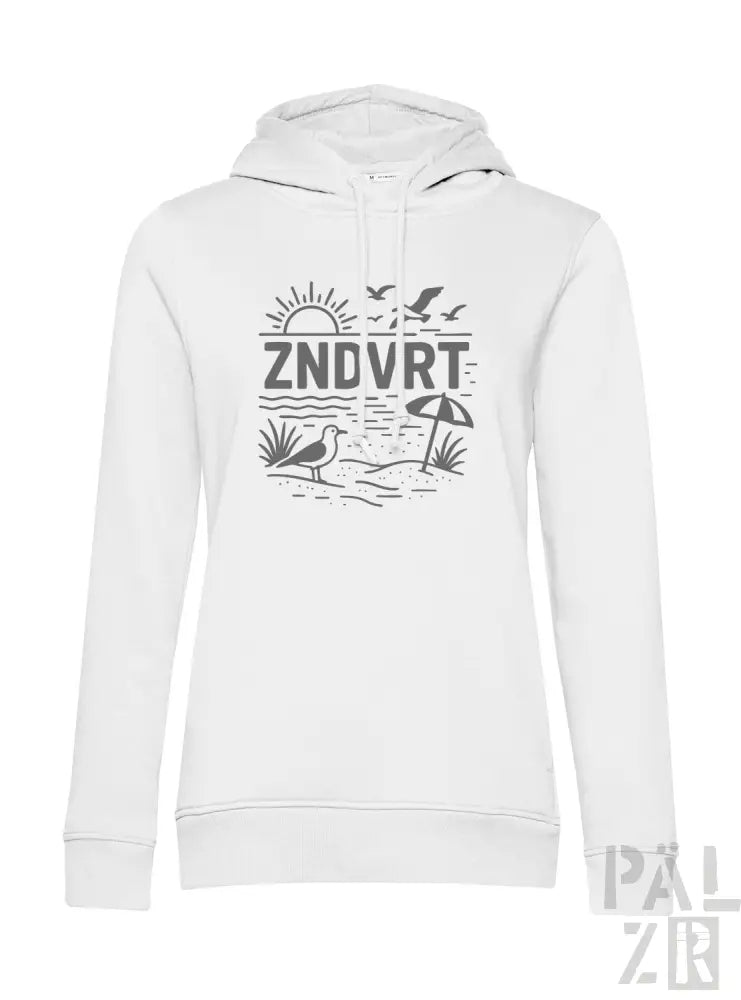 Weißes Hoodie mit Strand-Szene-Design und ’zndvrt’-Text.