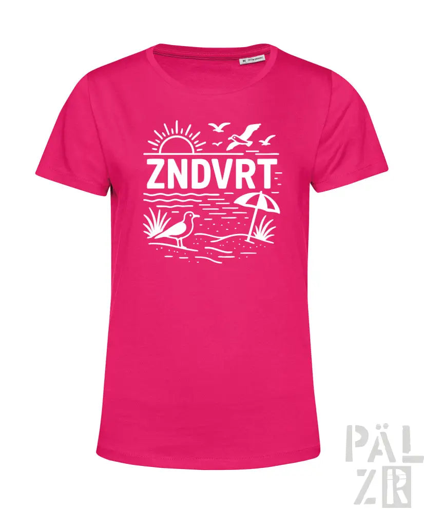 Rosa T-Shirt mit weißem Strand-Szene-Design und ’zndvrt’-Text.