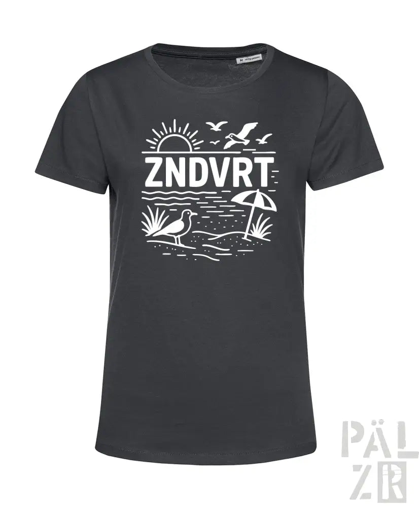 Kohle-graues T-Shirt mit weißem Strandmotiv-Design mit Sonne, Seemöwen und Schirm.