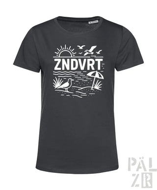 Kohle-graues T-Shirt mit weißem Strandmotiv-Design mit Sonne, Seemöwen und Schirm.