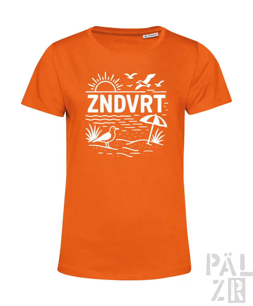 Oranges T-Shirt mit Strand-Szene-Design und ’zndvrt’-Text.