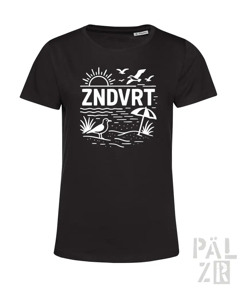 Schwarzes T-Shirt mit weißem Strandmotiv-Design und ’zndvrt’-Text.