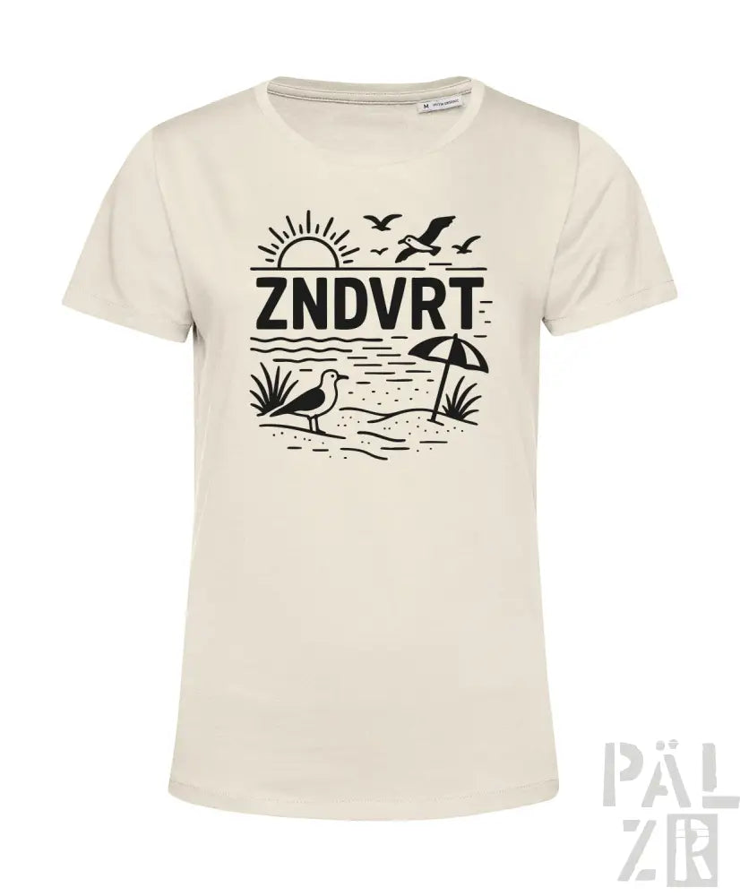 Cremeweiße T-Shirt mit schwarzem Strandmotiv-Design mit Möwen und Sonne, aus Baumwolle.