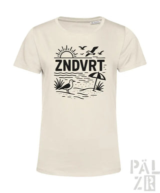Cremeweiße T-Shirt mit schwarzem Strandmotiv-Design mit Möwen und Sonne, aus Baumwolle.