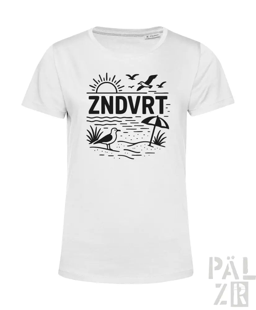 Weißes T-Shirt mit schwarzem Strandmotiv-Design mit Möwen und Sonne
