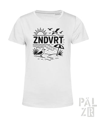 Weißes T-Shirt mit schwarzem Strandmotiv-Design mit Möwen und Sonne