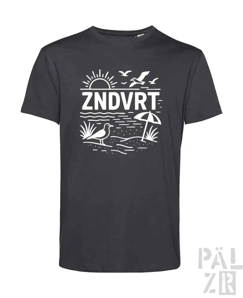 Kohle-T-Shirt mit weißem Grafikdesign, das eine Strand-Szene und den Text ’zndvrt’ zeigt