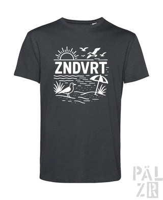 Kohle-T-Shirt mit weißem Grafikdesign, das eine Strand-Szene und den Text ’zndvrt’ zeigt