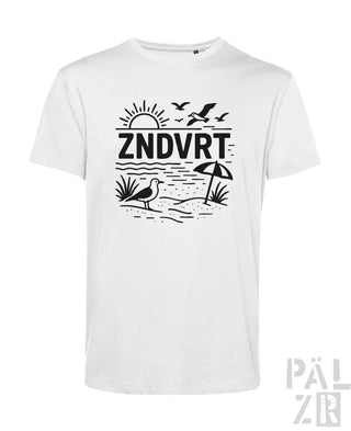 Weißes T-Shirt mit schwarzem Strandmotiv-Design mit Möwen, Schirm und Sonne