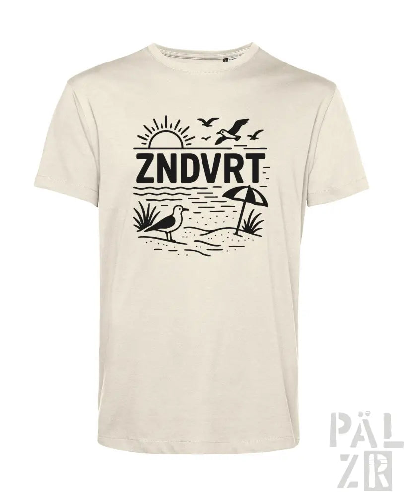 Cremeweiße Bio-Baumwoll-T-Shirt mit schwarzem Strandmotiv-Design mit Möwen, Sonnenstrahlen und Palmen.